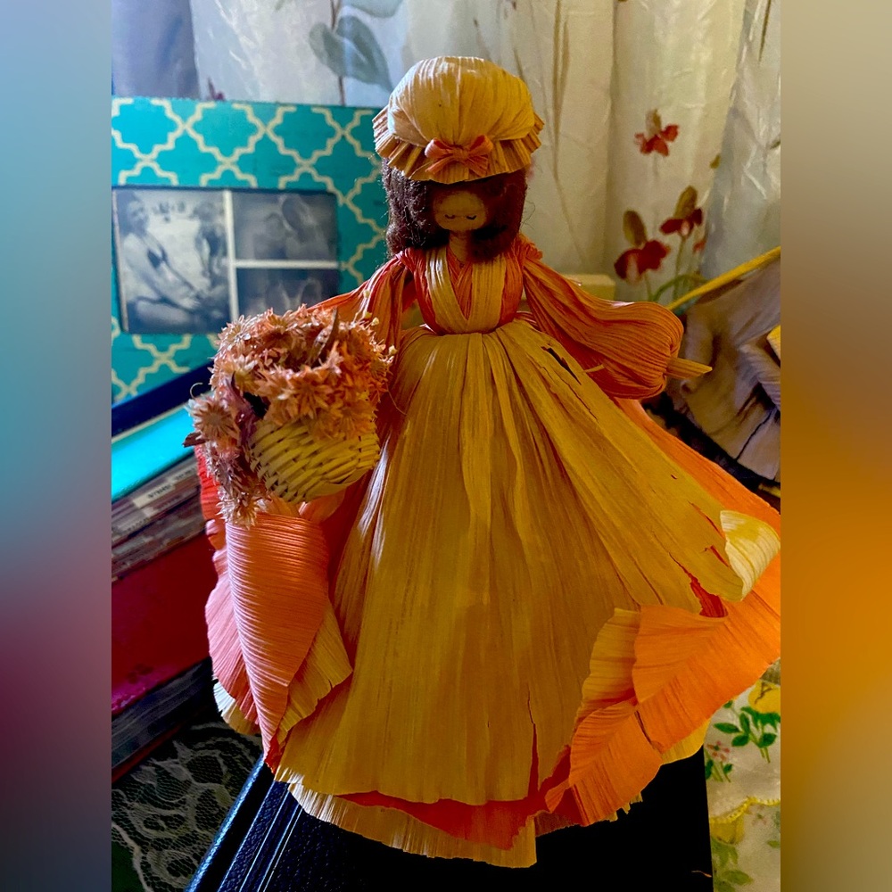 Vintage, rare, cornhusk doll, holding flower basket and curled hair